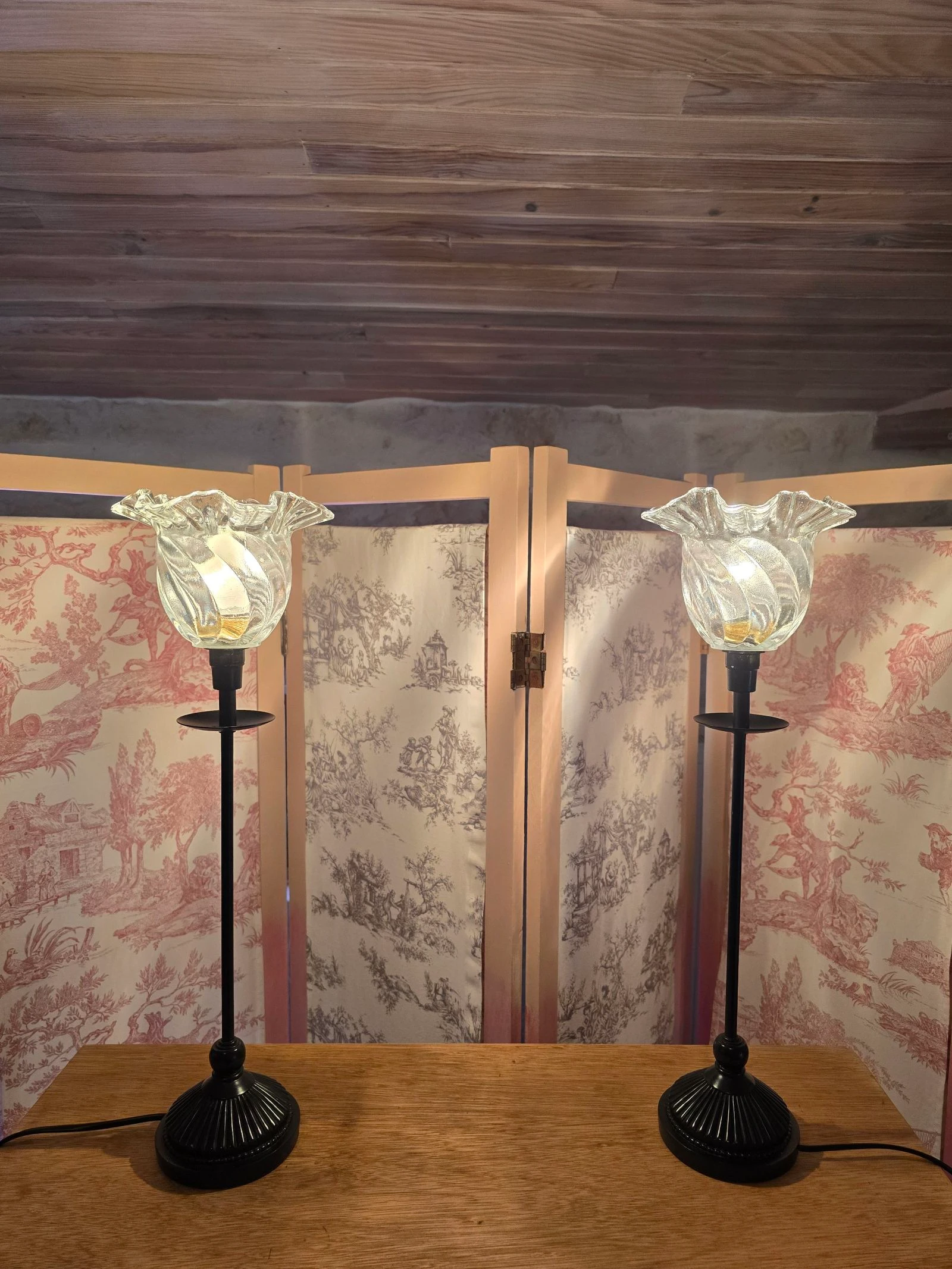 Paire de lampes à poser noir et verre transparent vintage